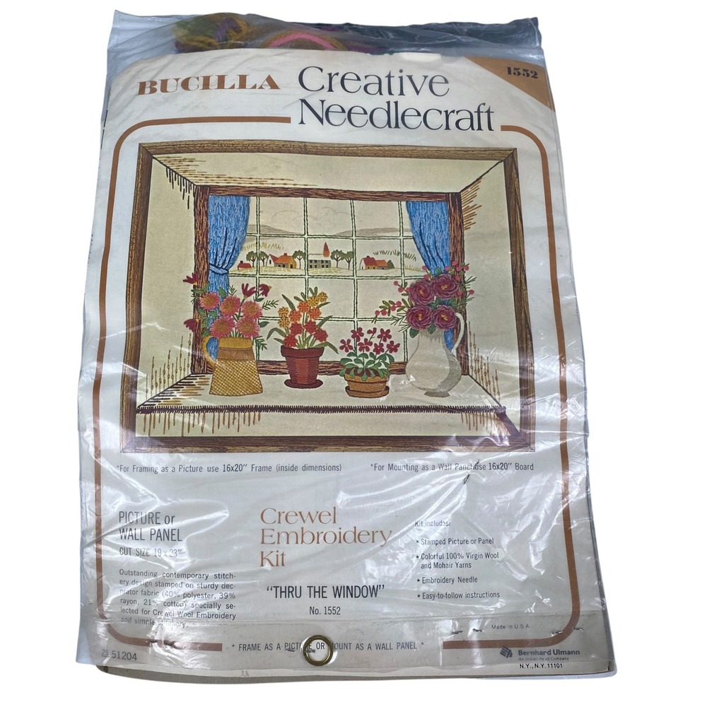 Vintage Bucilla Thru The Window Crewel Embroidery Kit 1552 Floral Village 16x20